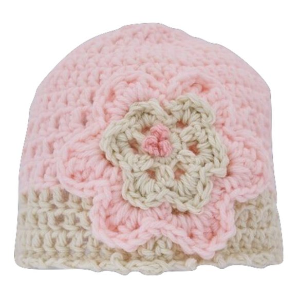 Homemade Hand Crocheted Pink & Beige Flower Beanie Winter Hat - Picture 2 of 2